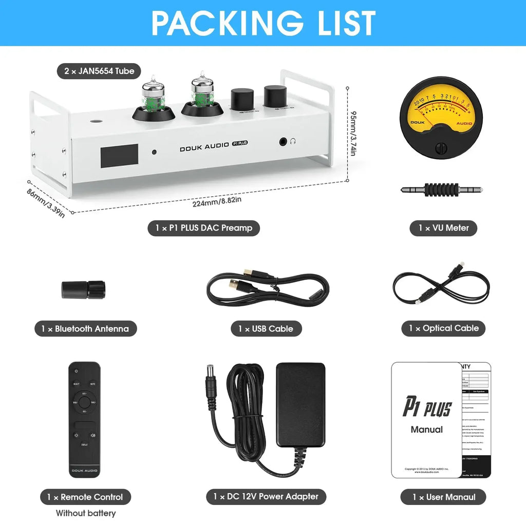 Douk Audio P1PLUS HIFI Valve Tube Preamp with Bluetooth / USB / Coaxial / Optical IN Headphone Amp DSD256