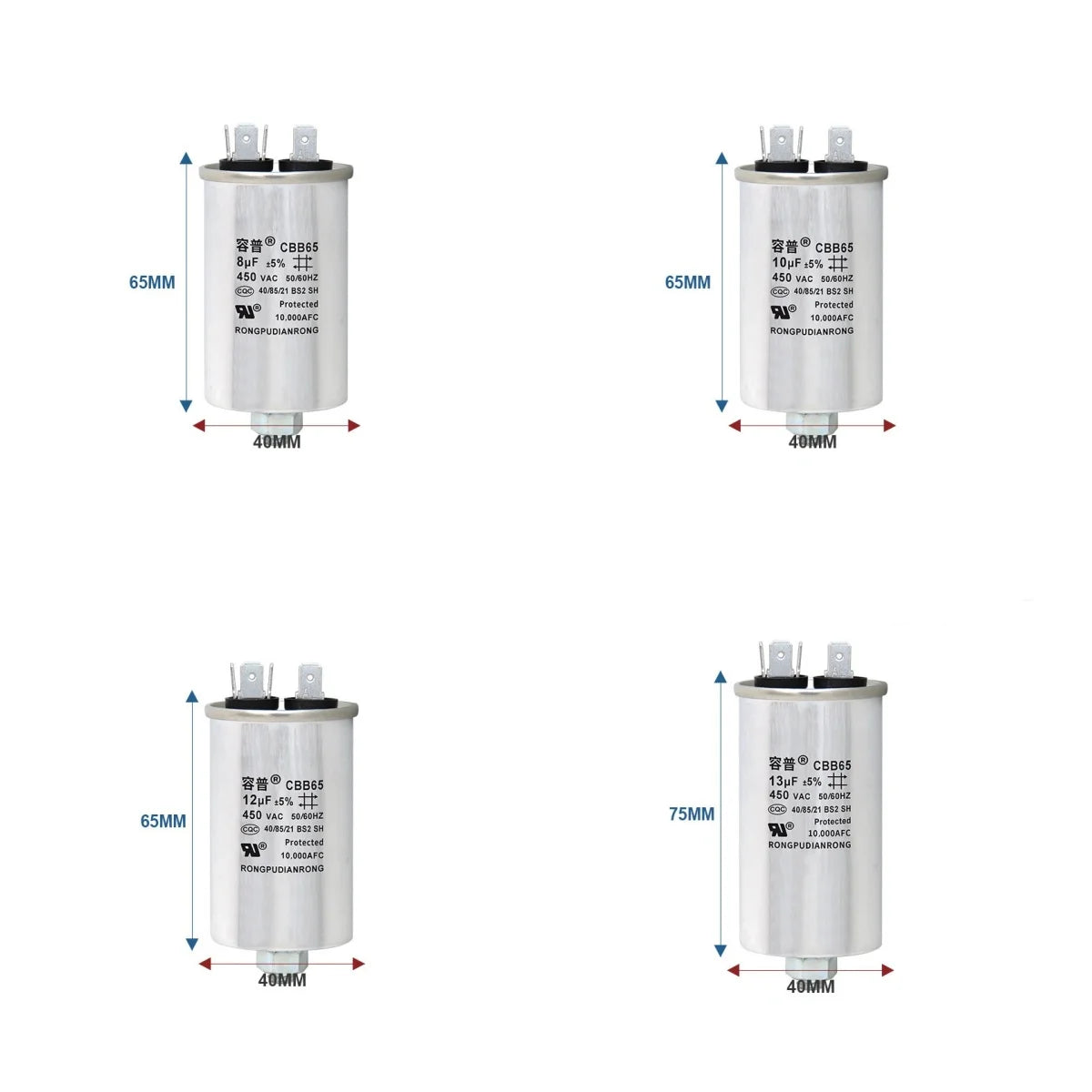 CBB65 Air Conditioner Capacitor Bottom with Screw 5UF 10UF 15UF 20UF 25UF 30UF 35UF 40UF 50UF 60UF 70UF 80UF 100UF 450V Screw