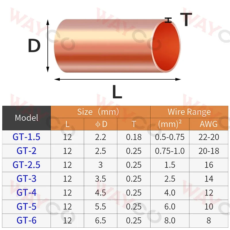 100PCS GT Copper Crimp Terminals Electrical Wire Cable Tubular Connectors Ring Sleeve Ferrules Lugs Have Heat Shrink Tubing