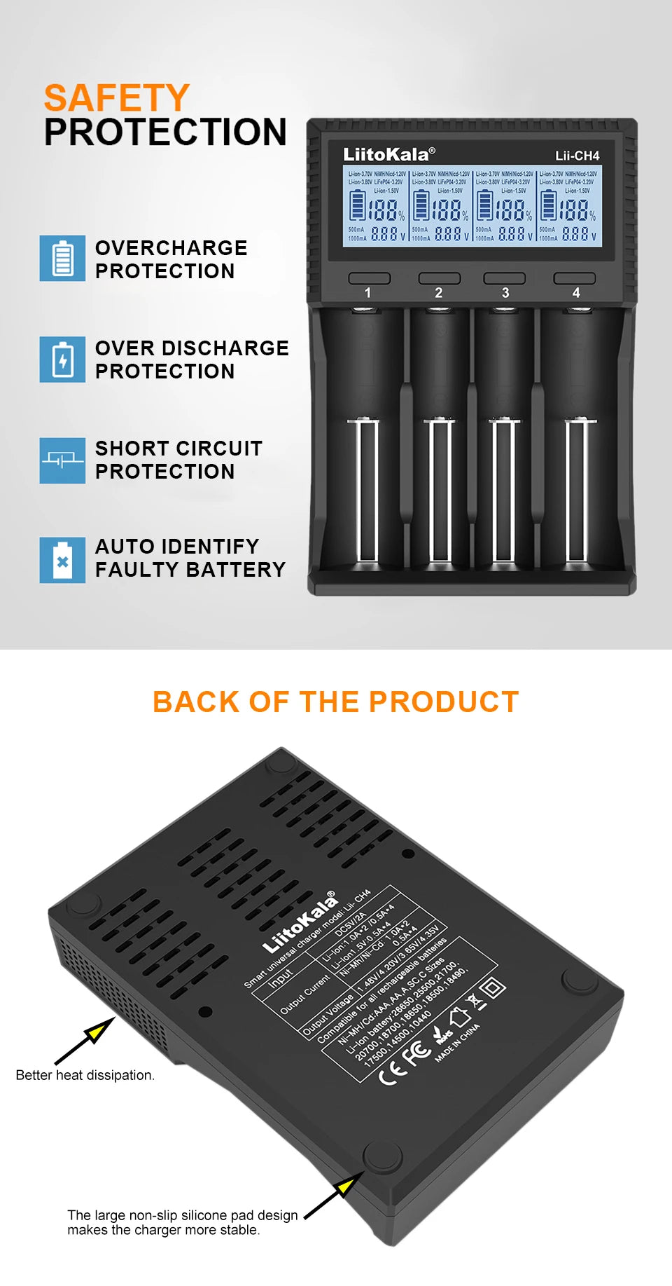 LiitoKala Lii-CH4 Smart Charger for 18650/21700/26650/AA/AAA/Ni-MH/Li-ion,1.2V/1.5V 4-Slot Fast Charge, USB-C, Auto Detect