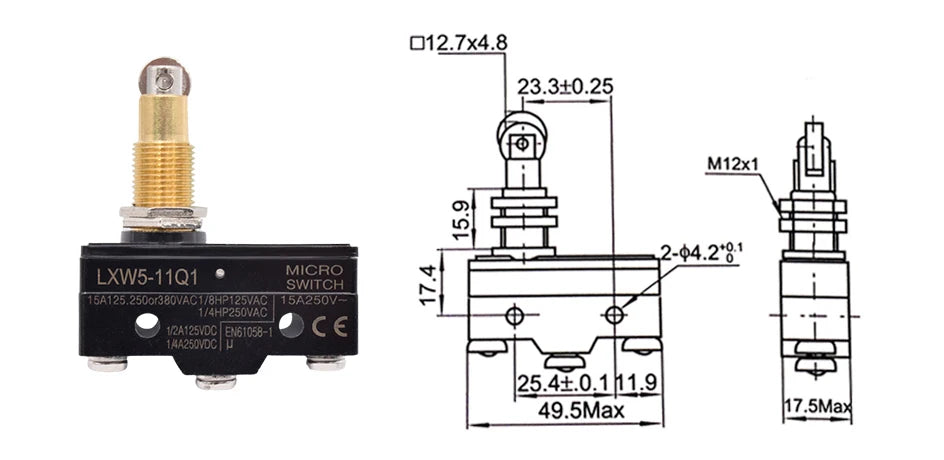 LXW5-11N1 LXW5-11G2 Z-15G LXW5 Micro Limit Travel Switch Horizontal Rotary Roller Lever Arm Hinge 3 Screw Terminal Microswitch