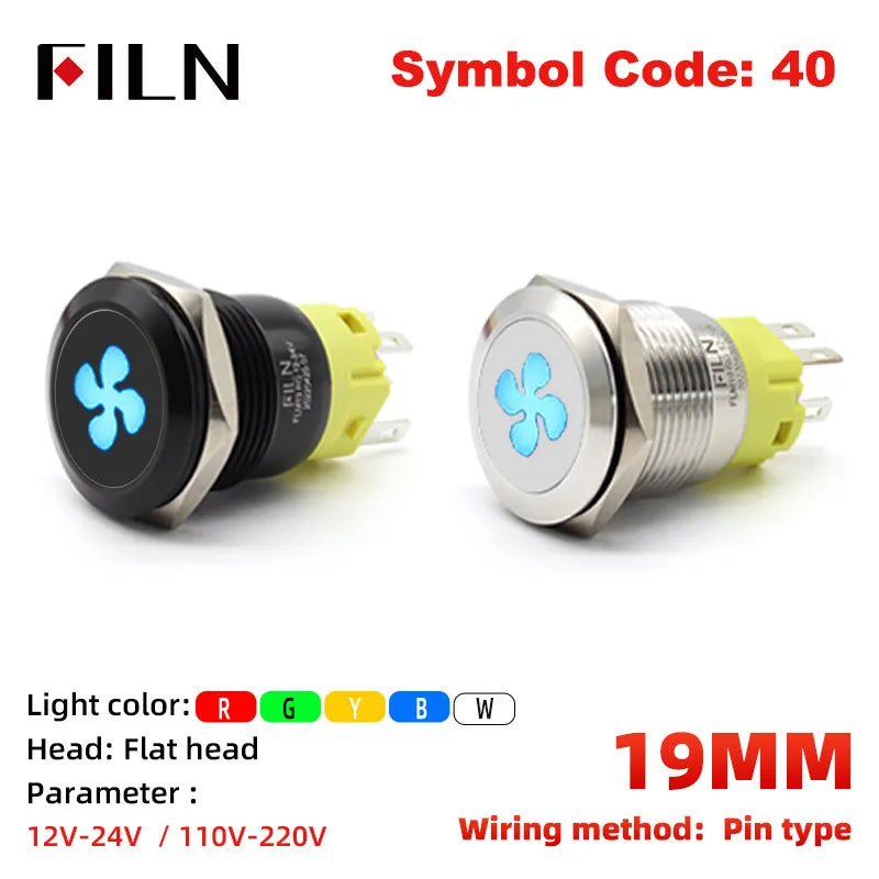 12V 19mm Warning LED Indicator Light Panel Metal Push Button Switch Lock and Momentary on Off with Dash LOGO Symbol