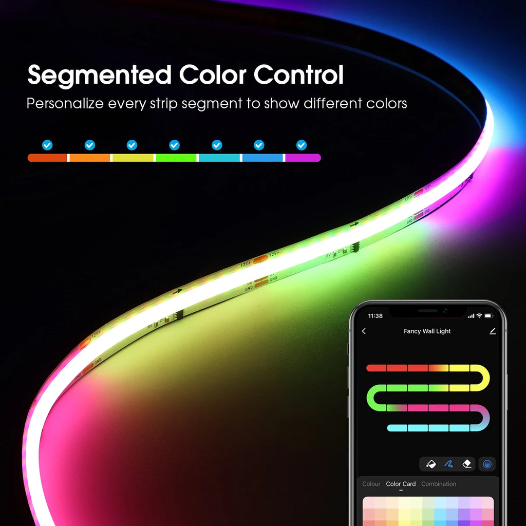 Tuya Smart WIFI RGBIC COB LED Strip Light Tape Addressable WS2811 IC Flexible RGB Neon LED Light 12V APPControl for Alexa Google