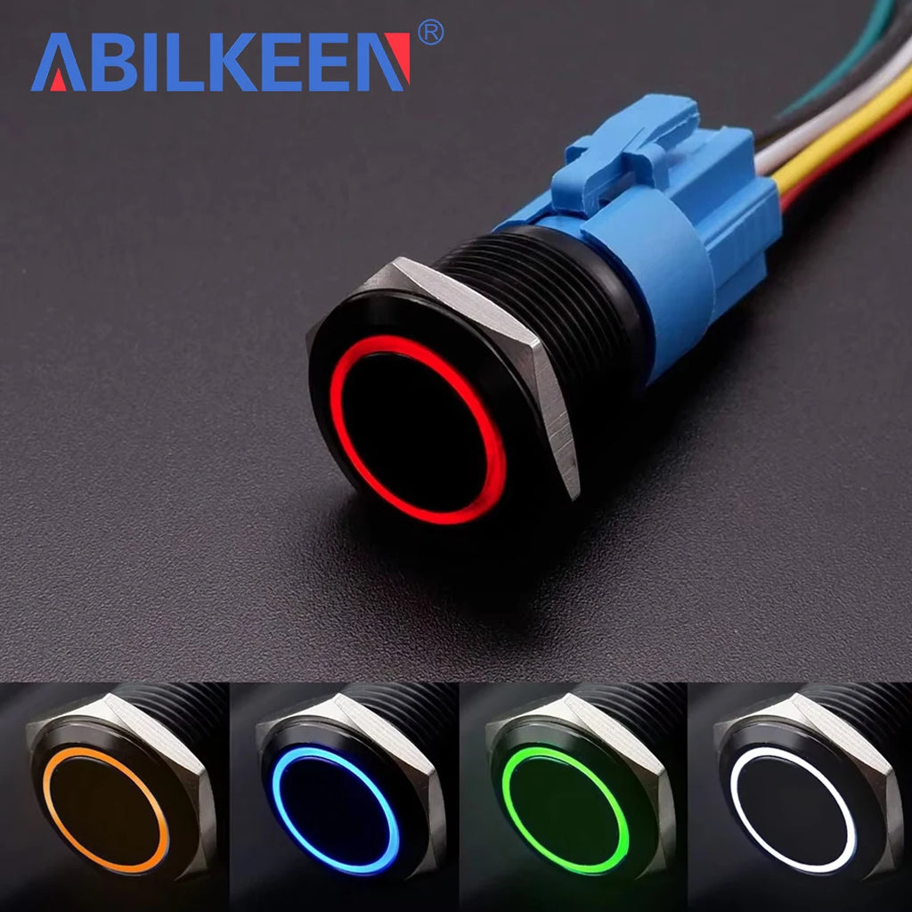 ABILKEEN 16/19/22MM Black Shell Metal Push Button Switch 1NO1NC Momentary/Latching Power Control Push Button with LED Light