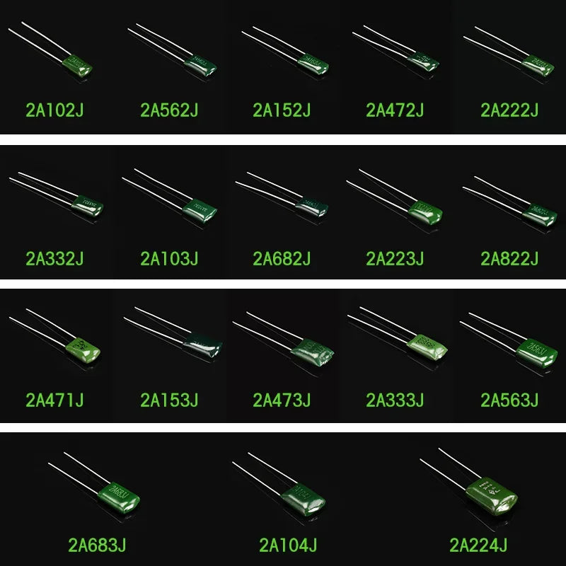 180PCS 100V Polyester Film Capacitor Assortment Kit 2A102J-2A822J 18Values *10pcs 102 222 472 103 223 1NF 2.2NF 10NF 100NF 0.1UF