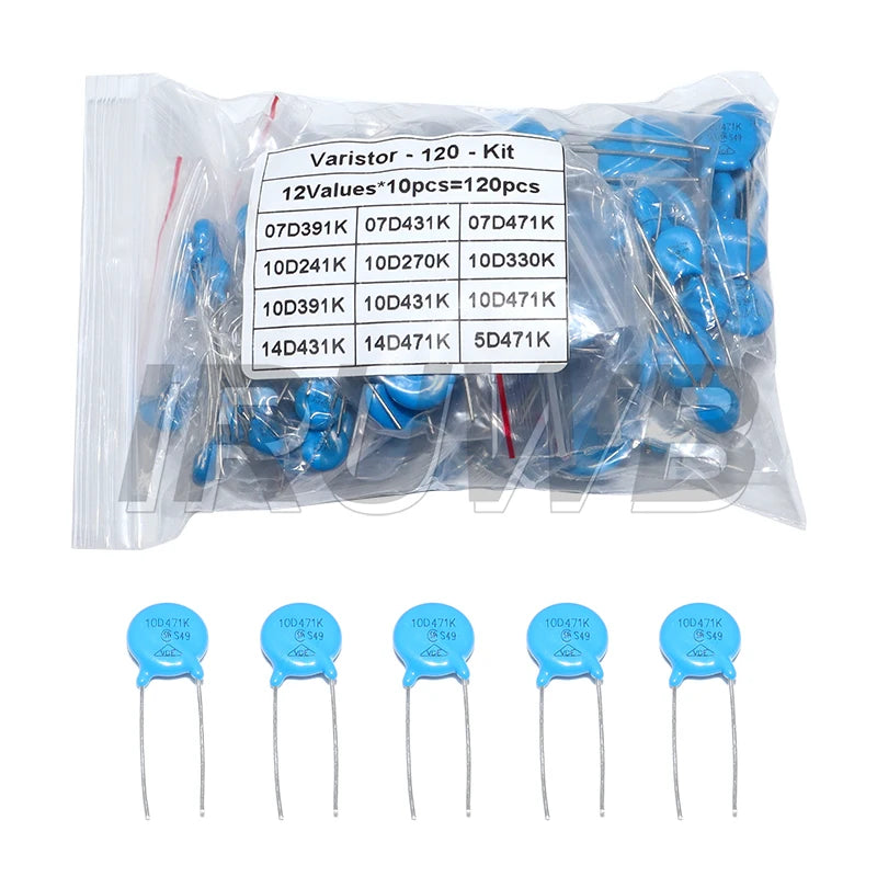 120PCS=12value*10PCS 5D471K 7D471K 7D431K 7D391K 10D471K 10D431K 10D391K 14D471K 14D431K 10D241K Varistor Resistor Assorted kit