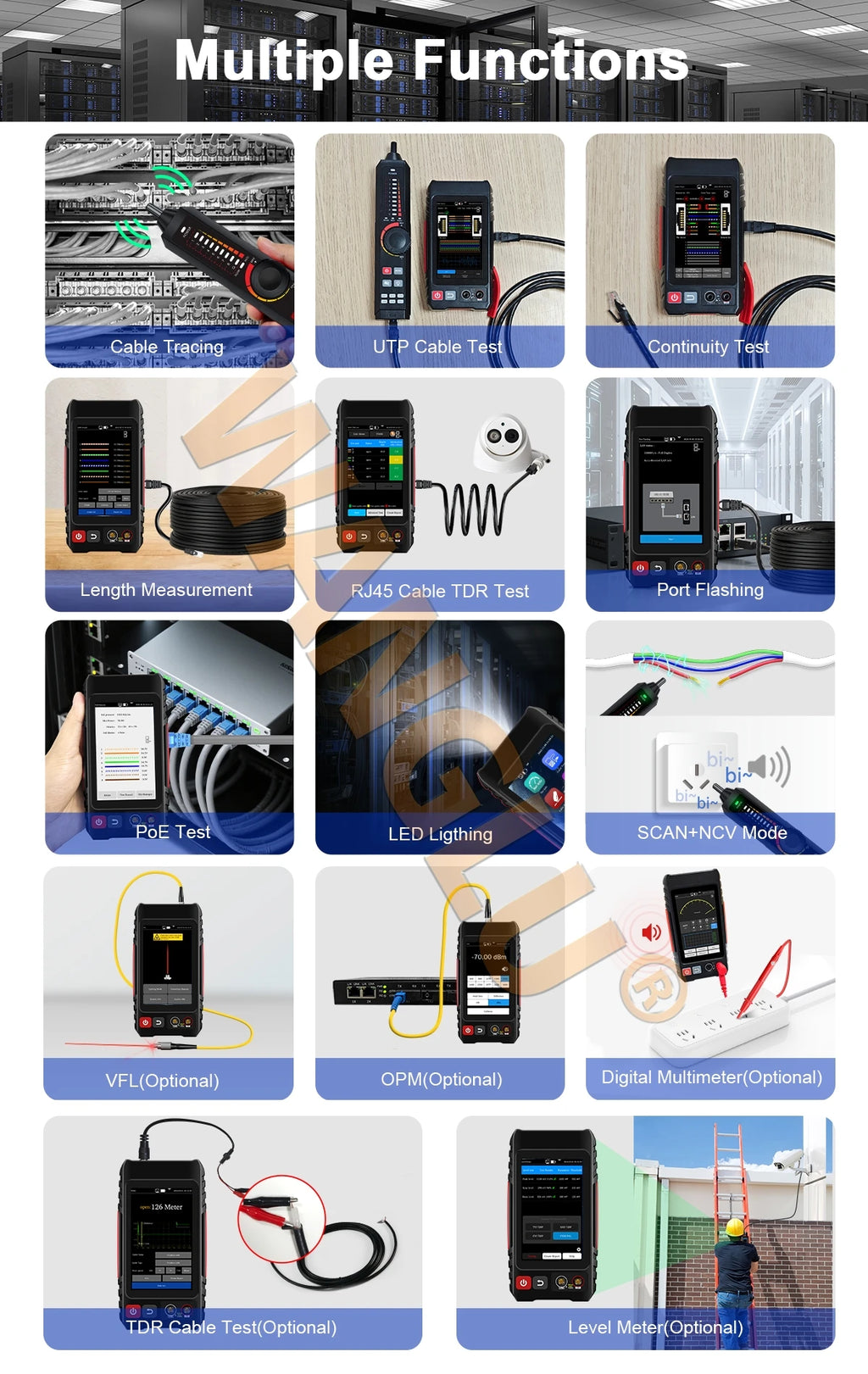 WANGLU All-in-One PoE Network Cable Tester, RJ45 TDR Test, PoE Detector, Digital multimeter & Fiber OPM/VFL/Level Meter LT-600T
