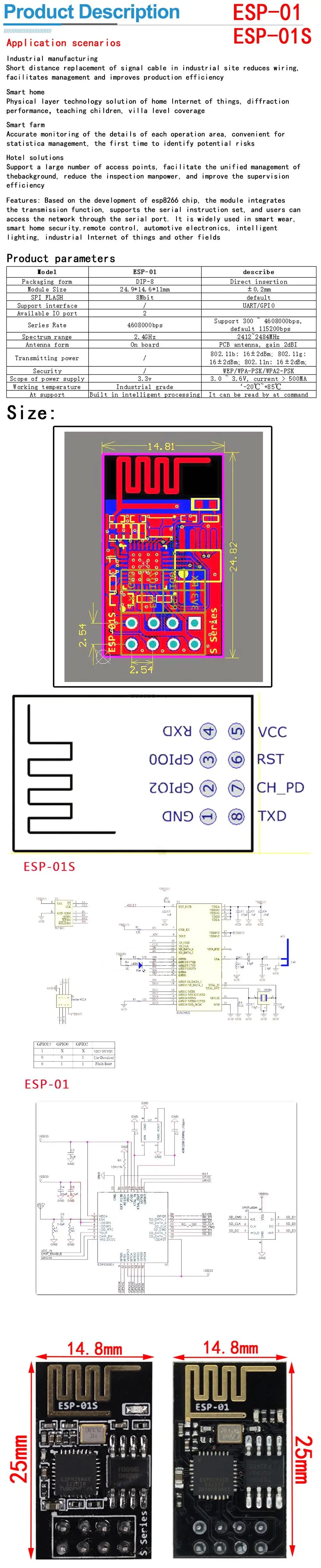 ESP8266 ESP-01 Serial WiFi Wireless Adapter Module 3.3V 5V Esp01 Breakout PCB Adapters Compatible For arduino