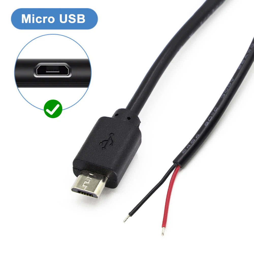  10Pcs Micro USB Male Plug 2 Pin Bare Wire Open End Power Cable Connector Pigtail Cord DIY Repair Power Charging Cable 22AWG