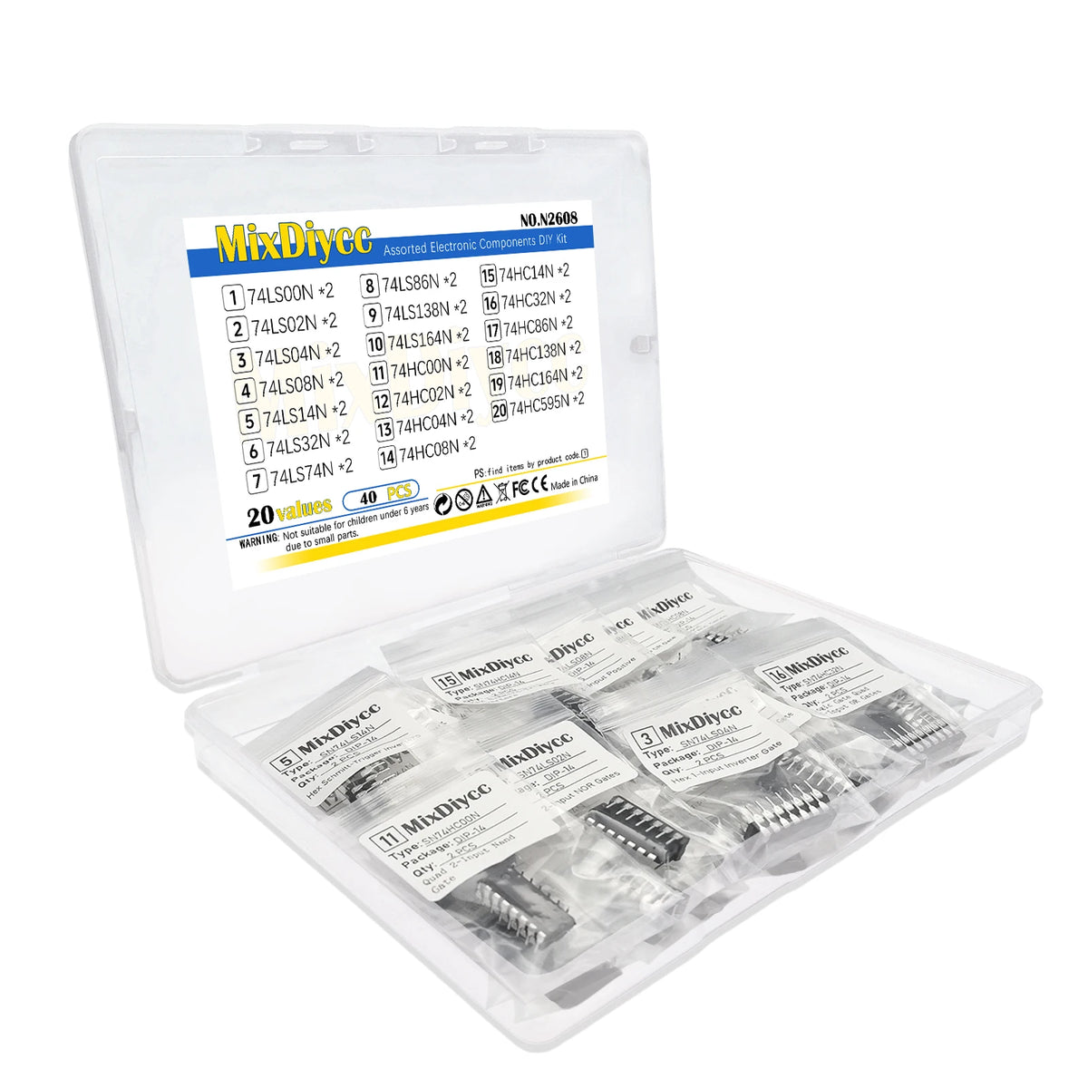 20 Values 74 Series Logic IC Kit DIP14/-16 SN74LS SN74HC 00N/02N/04N/08N/14N/32N/74N/86N/138N/164N/595N Total 40 Pcs