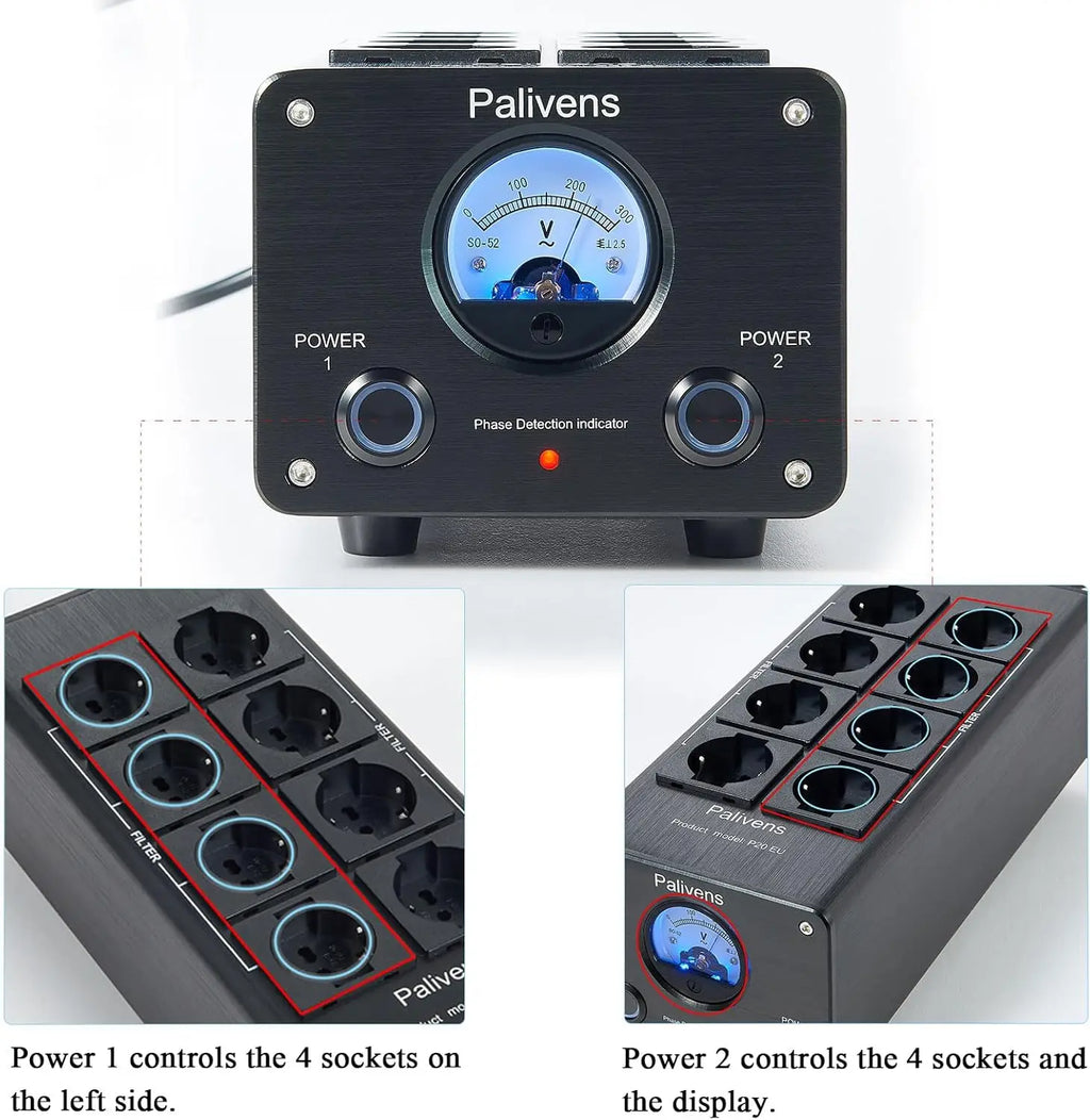 Pailvens Netzfilter Steckdosenleiste HiFi, 8 Fach Entstörfilter Steckdose mit Zeigerablesung, Überspannungsschutz, P20