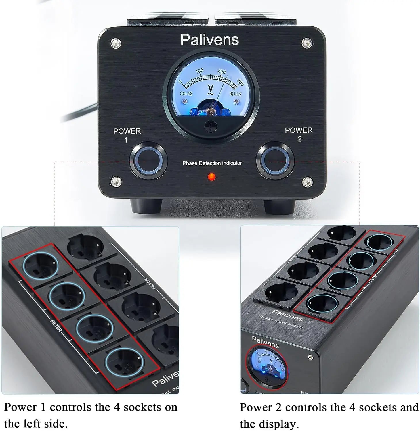Pailvens Netzfilter Steckdosenleiste HiFi, 8 Fach Entstörfilter Steckdose mit Zeigerablesung, Überspannungsschutz, P20