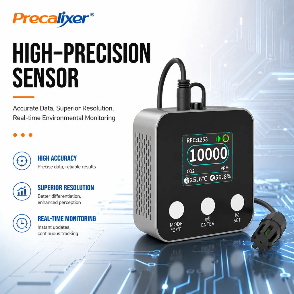 3 in 1 CO2 Monitor 10000ppm NDIR Sensor, Temperature Humidity Air Quality Meter with USB Data Logger Real-Time Display
