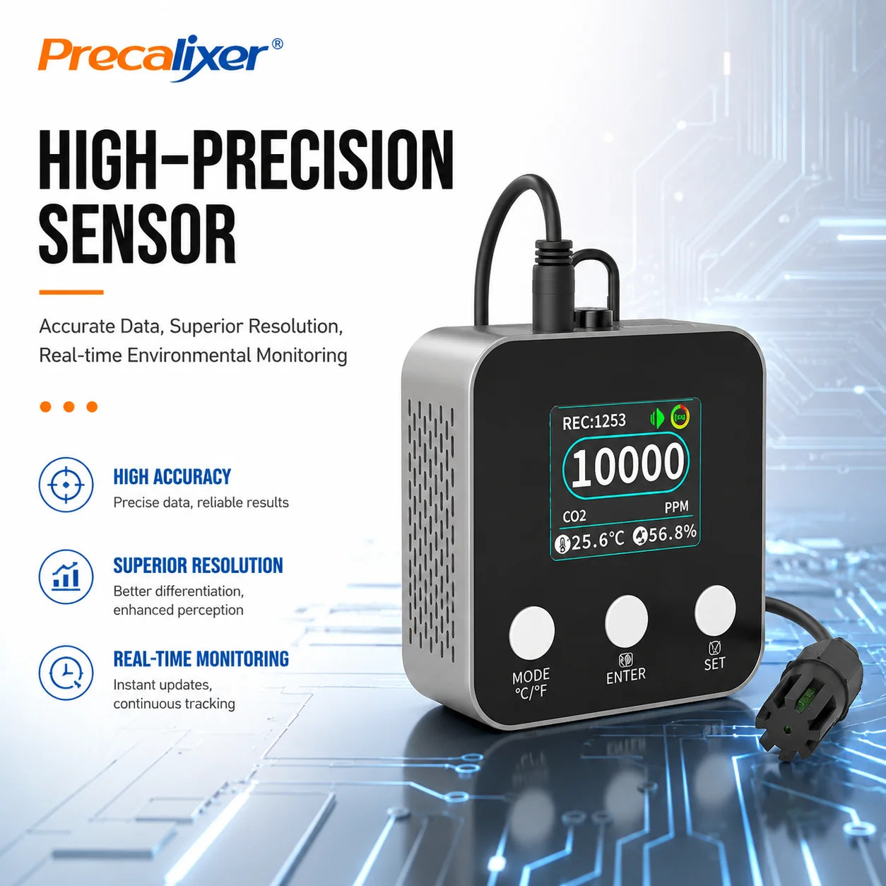 3 in 1 CO2 Monitor 10000ppm NDIR Sensor, Temperature Humidity Air Quality Meter with USB Data Logger Real-Time Display