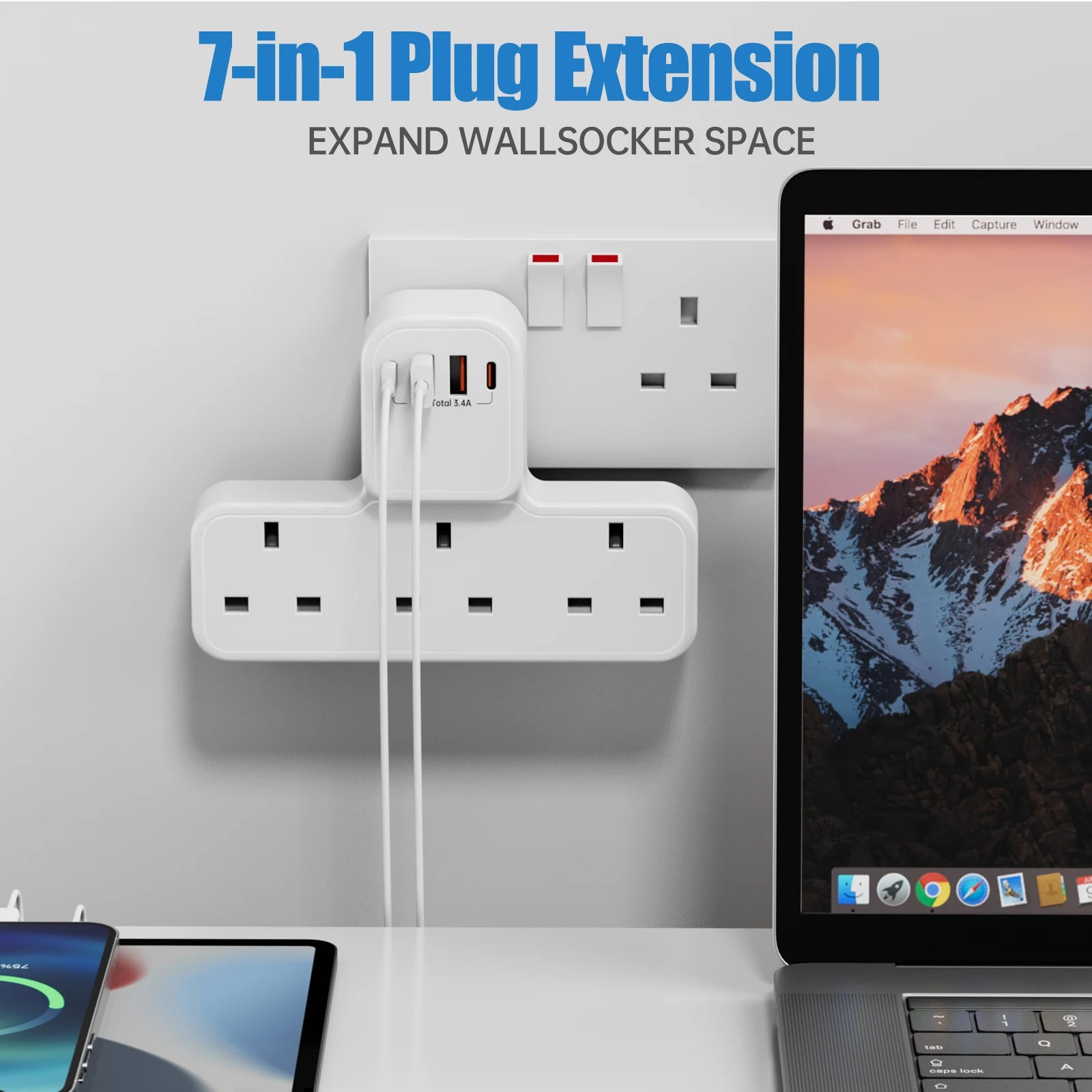 3250W Uk Ac Plug Power Strip Electrical Wall Mounted Outlet Multitap Network Filter with 2 Usb-A 2 Usb-C Charging Adapters