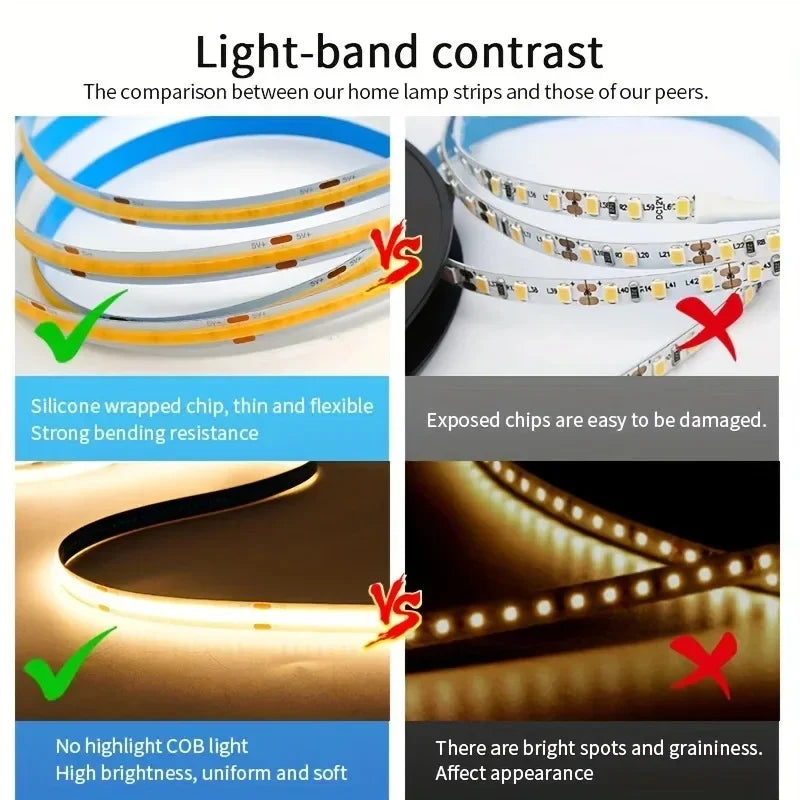 LED COB Light Strip Touch Dimmer Flexible Diode Tape 5V USB Linear Indoor Lighting Lamp Room DIY TV Mirror Backlight Wall Decor