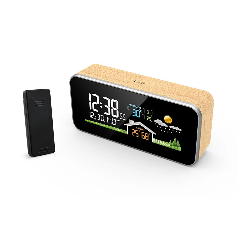 Wireless Weather Station Wooden Alarm Clock Digital Thermometer Humidity Temperature Wireless Sensor Home TimeWatch Desktop