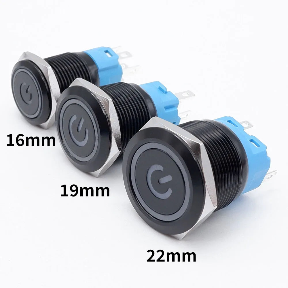 Black Latching Push Button Switch 16/19/22mm with Led Light Waterproof Illuminated  ON OFF Metal Momentary 5V 12V 220V Red Blue