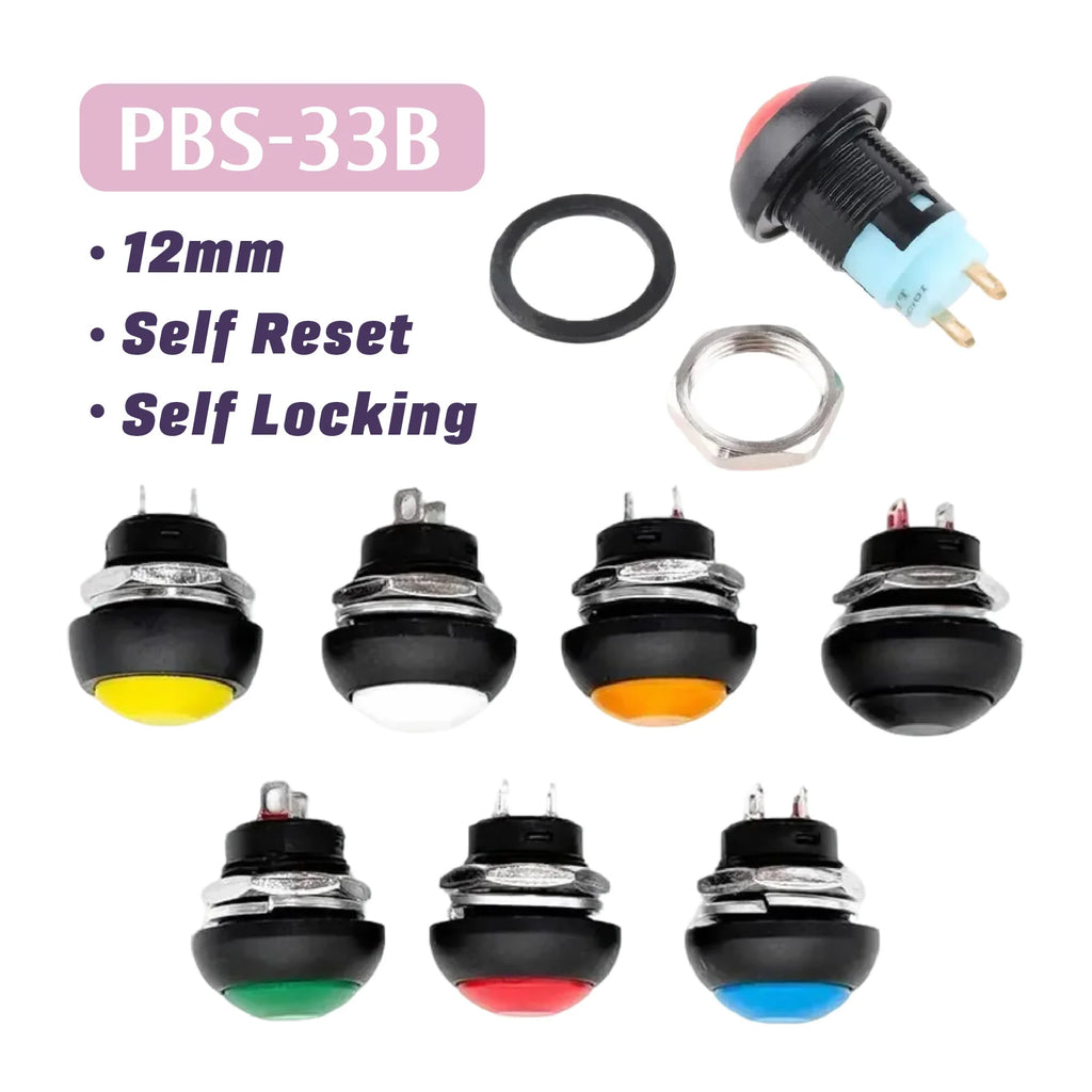 5pcs PBS-33B Self-reset Self-locking DIY Mini 12mm Momentary Push Button Switch 2Pin 1A DC12V 7Colors