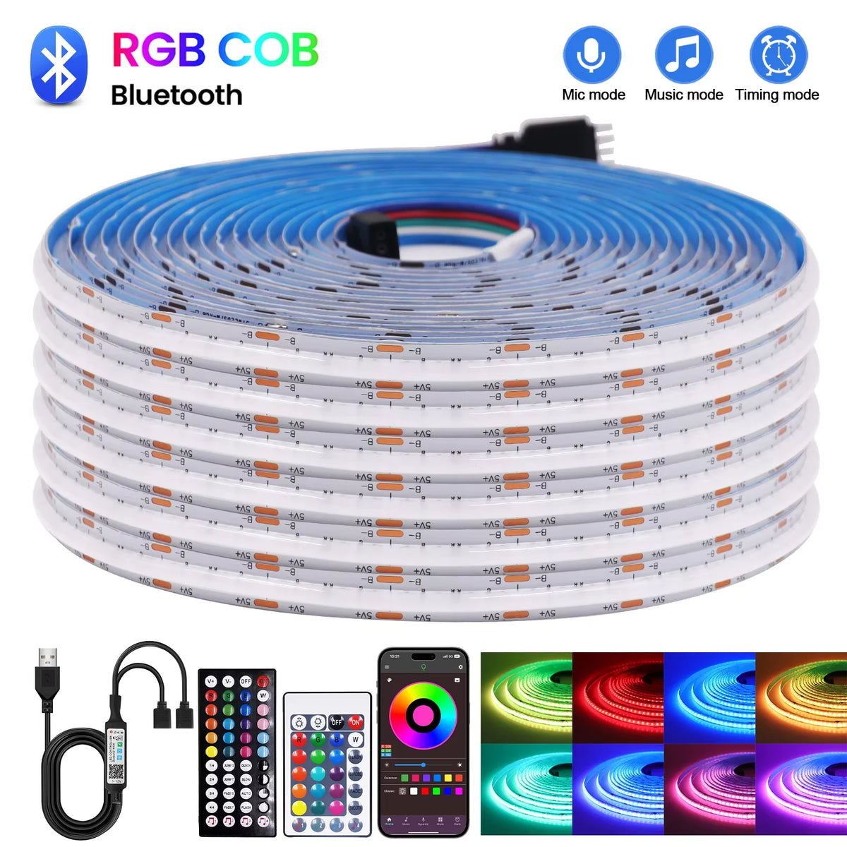 5V RGB COB LED Strip 576LEDs/m Bluetooh App IR Remote Control USB RGB LED Strip Flexible Tape for TV Backlight Room Decoration