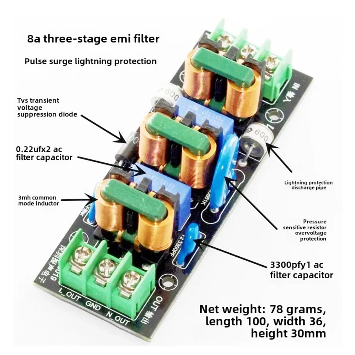 AC 220V/110V EMI Power Filter FCC 3-Stage Noise Suppressor for Hi-Fi Amplifier, Audiophile Grade Purifier Lightning Protection