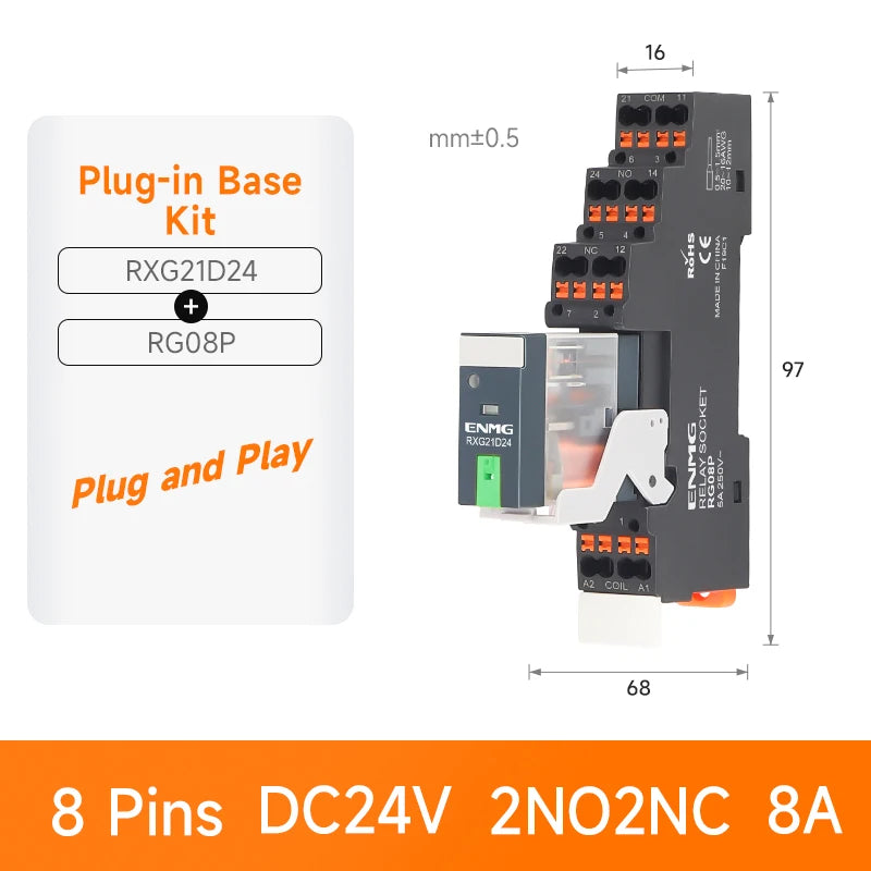 ENMG RXG Slim Power Relay 12A 24VDC/220VAC Coil, DIN Rail Mount Industrial Relay for PLC Control System