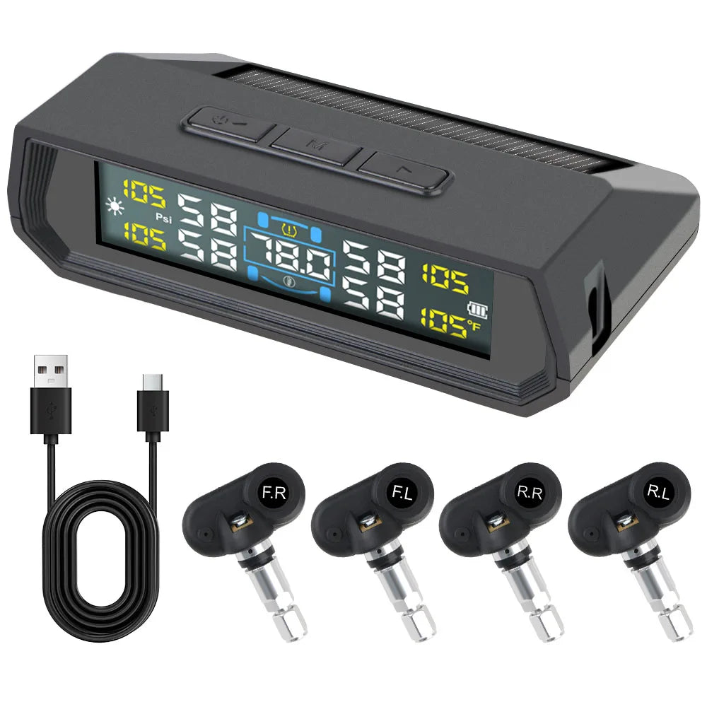 Temperature Warning Fuel Save Tire Pressure Monitoring System Solar TPMS With 4 External Sensors Car Tyre Pressure Monitor