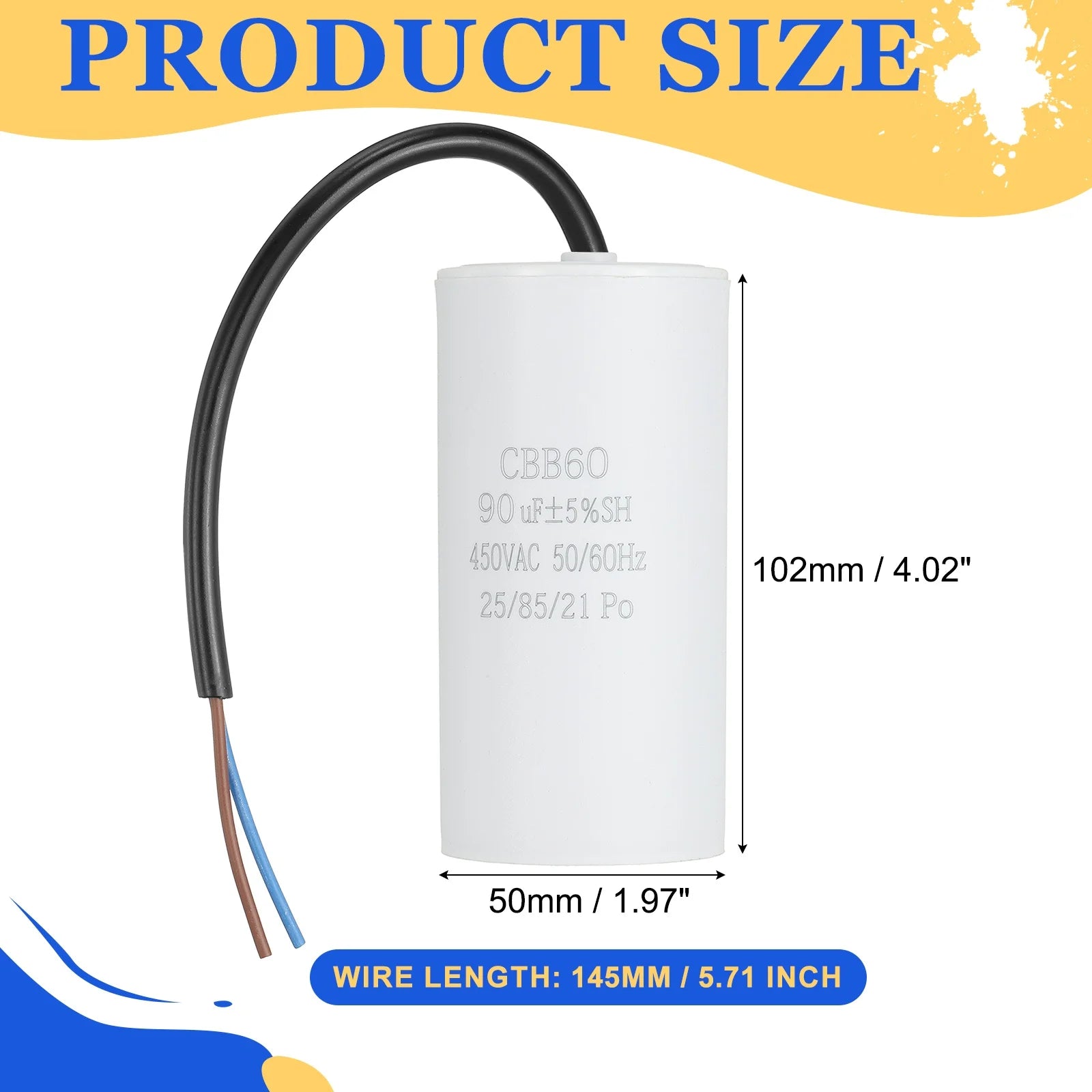 1Pcs CBB60 Run Capacitor 3uf-100uf 450V AC 2 Wires 50/60Hz Cylinder White for Air Compressor Water Pump Motor