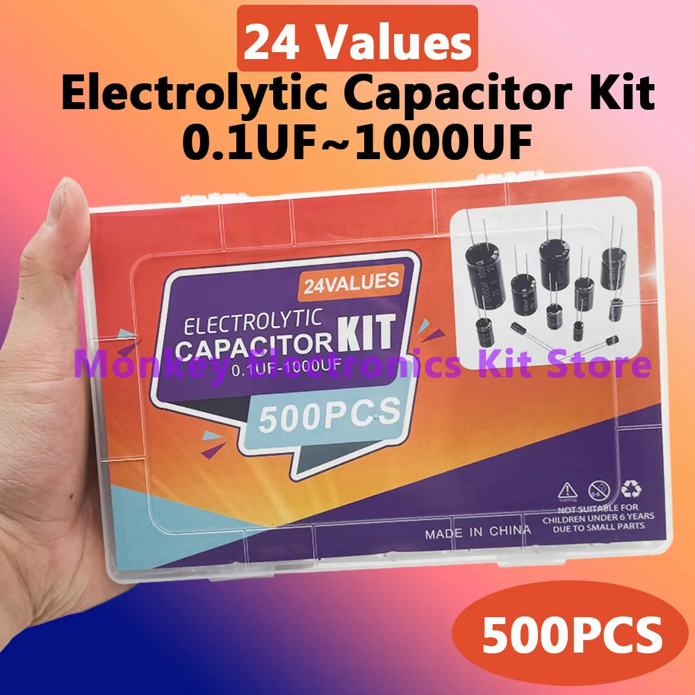500PCS 0.1uF-1000uf 24Values Electrolytic Capacitor Mixed DIP Electronic Kit Electrolyte Capacitors 10V 16V 25V 50V