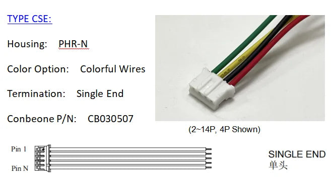 PHR-4 Wire harness, JST PH 2.00mm Pitch OTS Cable, 4P, With High Temperature Rated Wires, Off the Shelf, 10Pieces per BAG