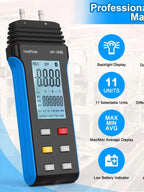 HoldPeak 189B Digital Manometer 11 Units Differential Pressure Gauge MAX/MIN/AVG Backlight for HVAC System