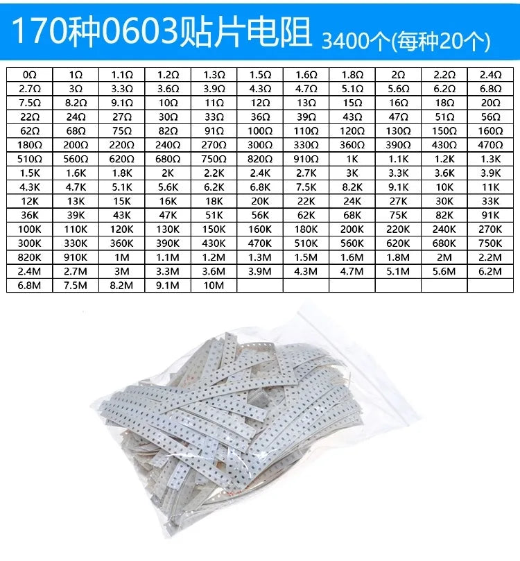 (50-4000pcs) 100% New 0402 0603 0805 1206 1210 2010 2512 SMD Resistor Assorted Kit 1K 1R 0R-910R 1K-910K 1M-10M Resistance 1% 5%