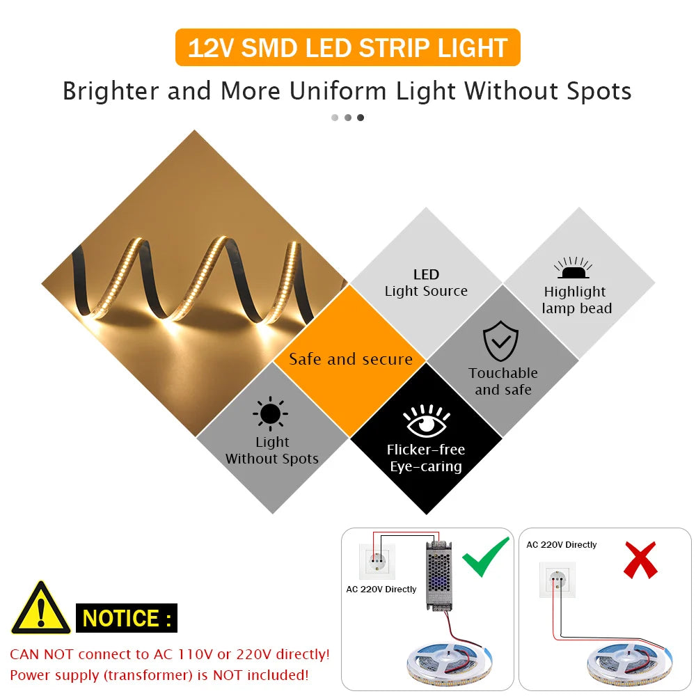 12V 5m SMD 2835 2025 LED Strip Light DC 480 240 120 LEDs Tape Flexible LED Lights Indoor Lingting for Home Waterproof IP65 IP67