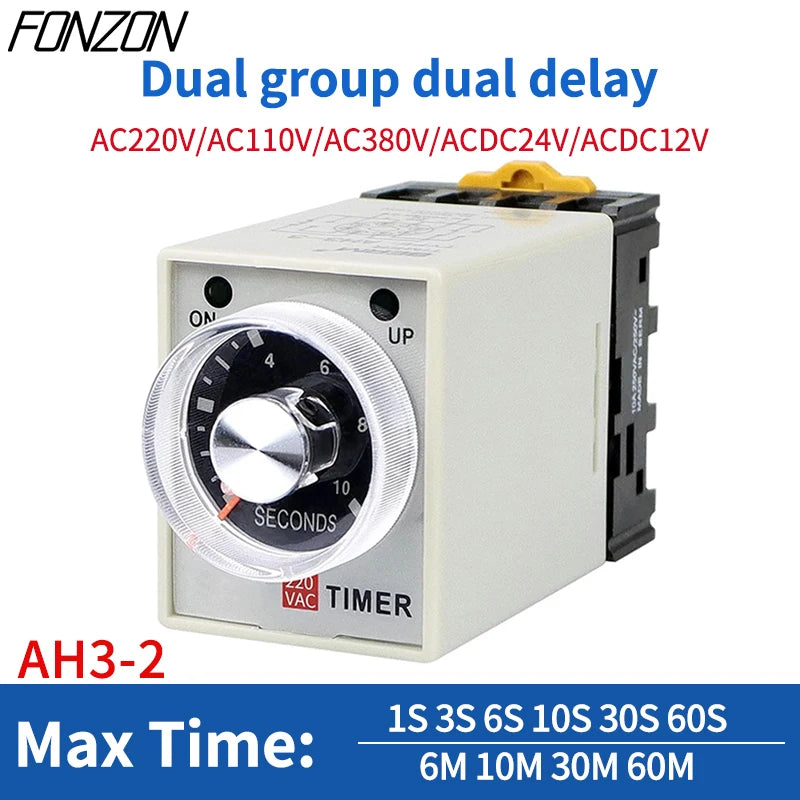 AH3-2 Power on Delay Timer Time Switch Delay Timer Relay Adjustable time 1~60S 3~60M With 8pin Socket 12 24V 110V 220V 380V