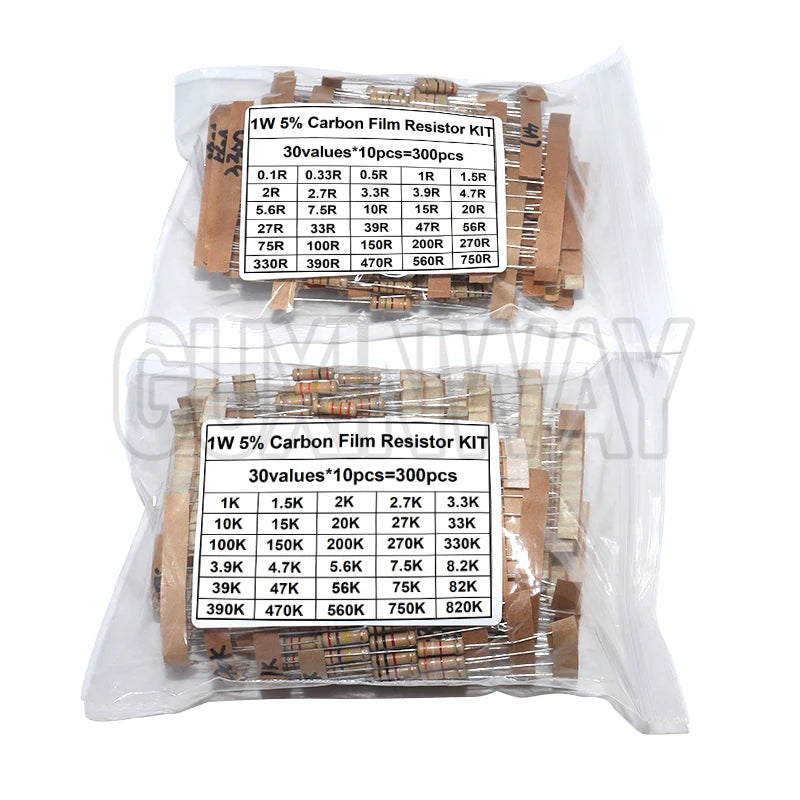 150PCS 300PCS Resistor Kit 1W 2W 3W 5W 5% 30Kinds X 10PCS Carbon Film Resistance 0.1-750 ohm Set 1k-820K 30Kinds X 5PCS