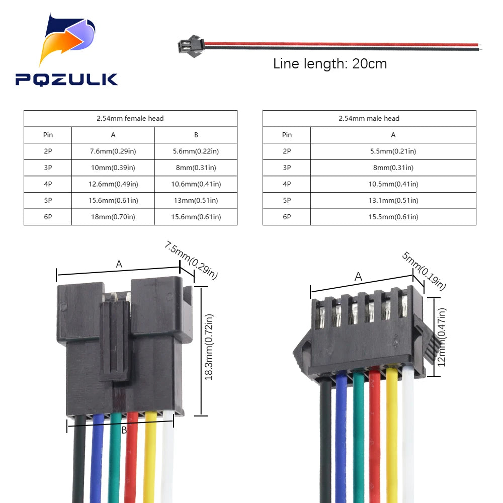 5PCS JST SM 2/3/4/5/6Pins 2.54MM Plug Male to Female Wire Connector Cable Pigtail Plug LED Connecting line 20cm Long