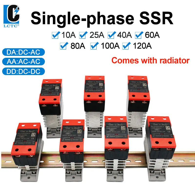 LCTC Solid State Relay 10A25A40A60A80A100A120A DIN Installation DC to AC AC to AC DC to DC Single-phase SSR With Radiator