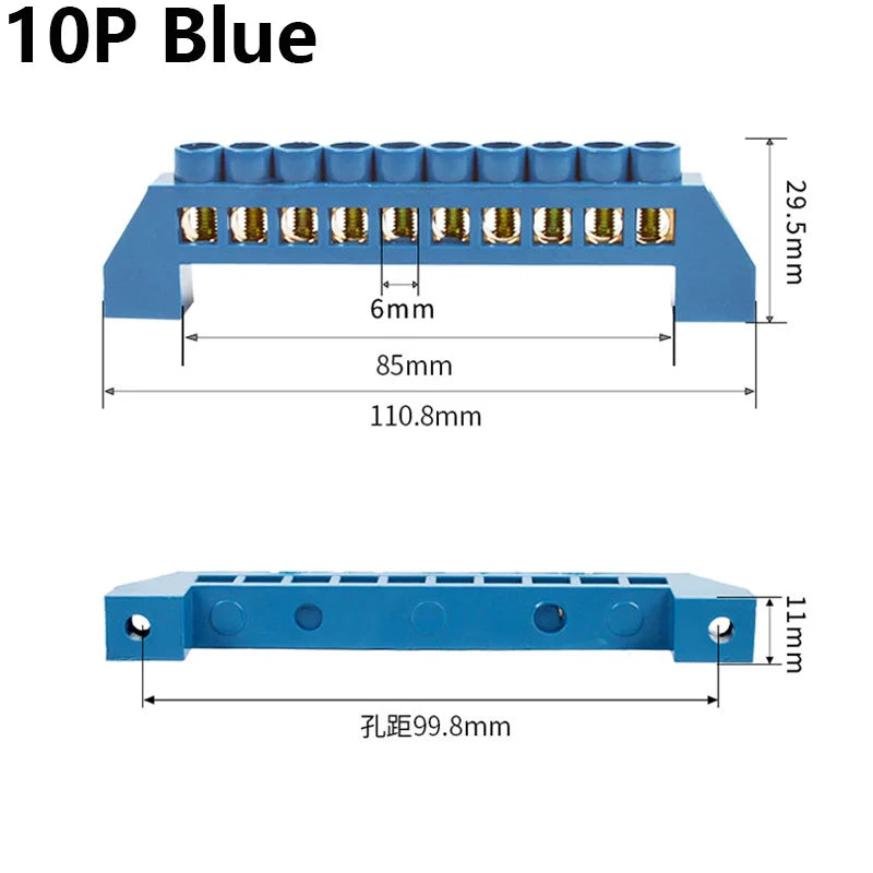 Blue White Green Bridge Design Zero Line 4-12 Pole Screw Brass Copper Grounding Strip Terminal Block Connector Earth And Neutral