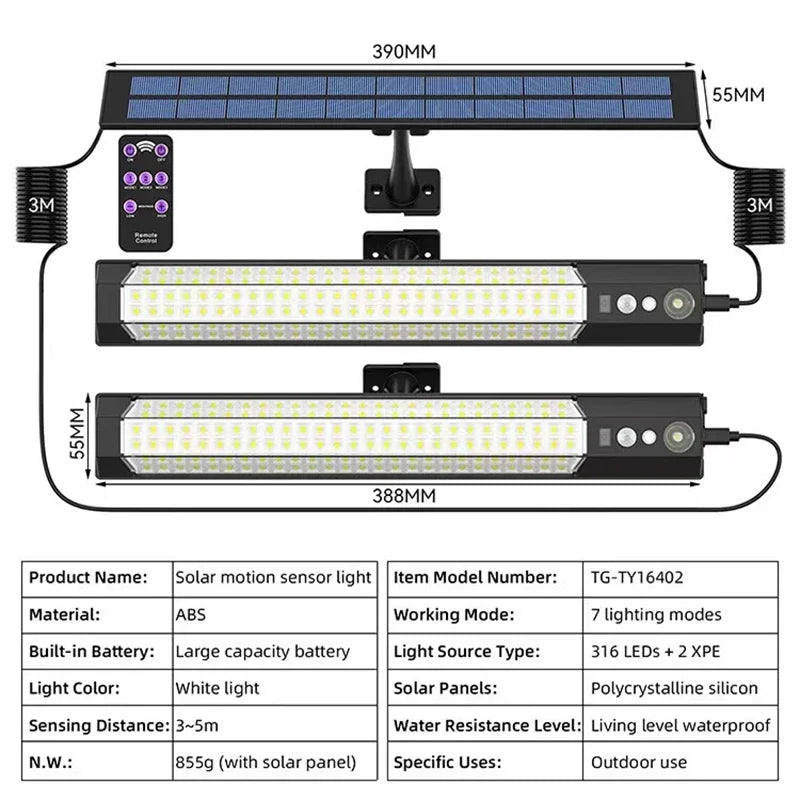 316/158 LED Solar Light Bar Outdoor 7 Mode Motion Sensor Separate 1/2Head Lamp with 3 Meter Wire Street Wall Lights Garage Yard