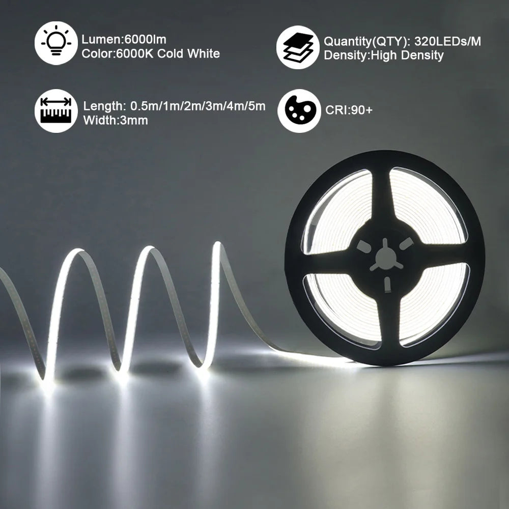 5V USB 3mm PCB COB LED Strip Light with Switch Dimmer Remote Control 320 LEDs High Density Linear Lighting Flexible Tape Lamp
