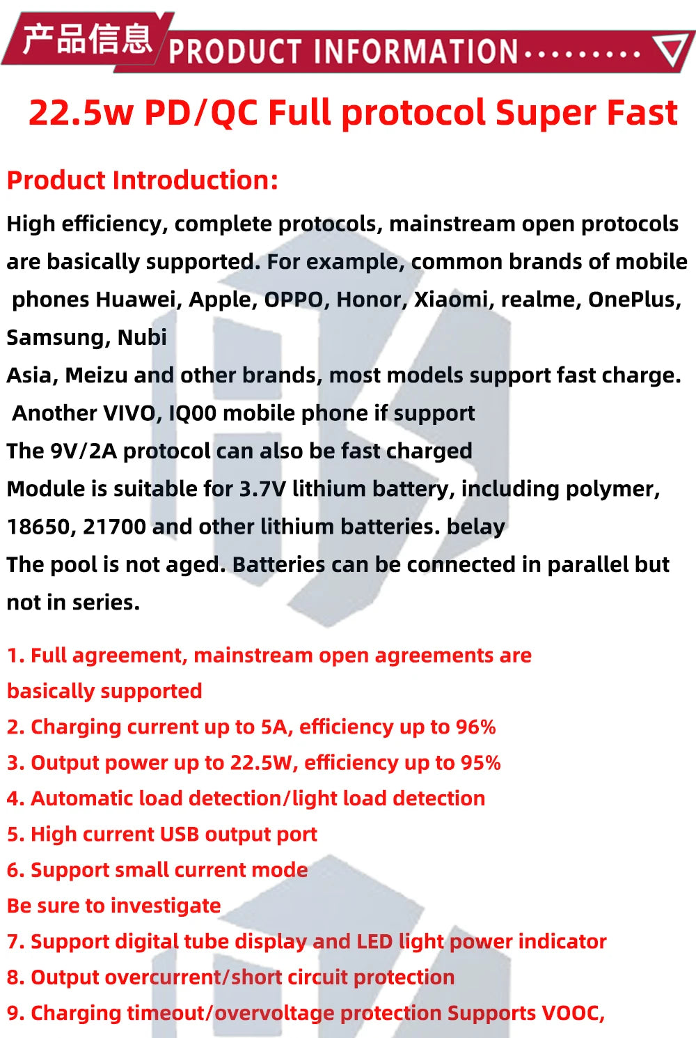22.5W Power Bank Bidirectional Fast Charging Mobile Power Module Circuit Board With Digital/Light Type-C USB Suppor PD/QC3.0 2.0