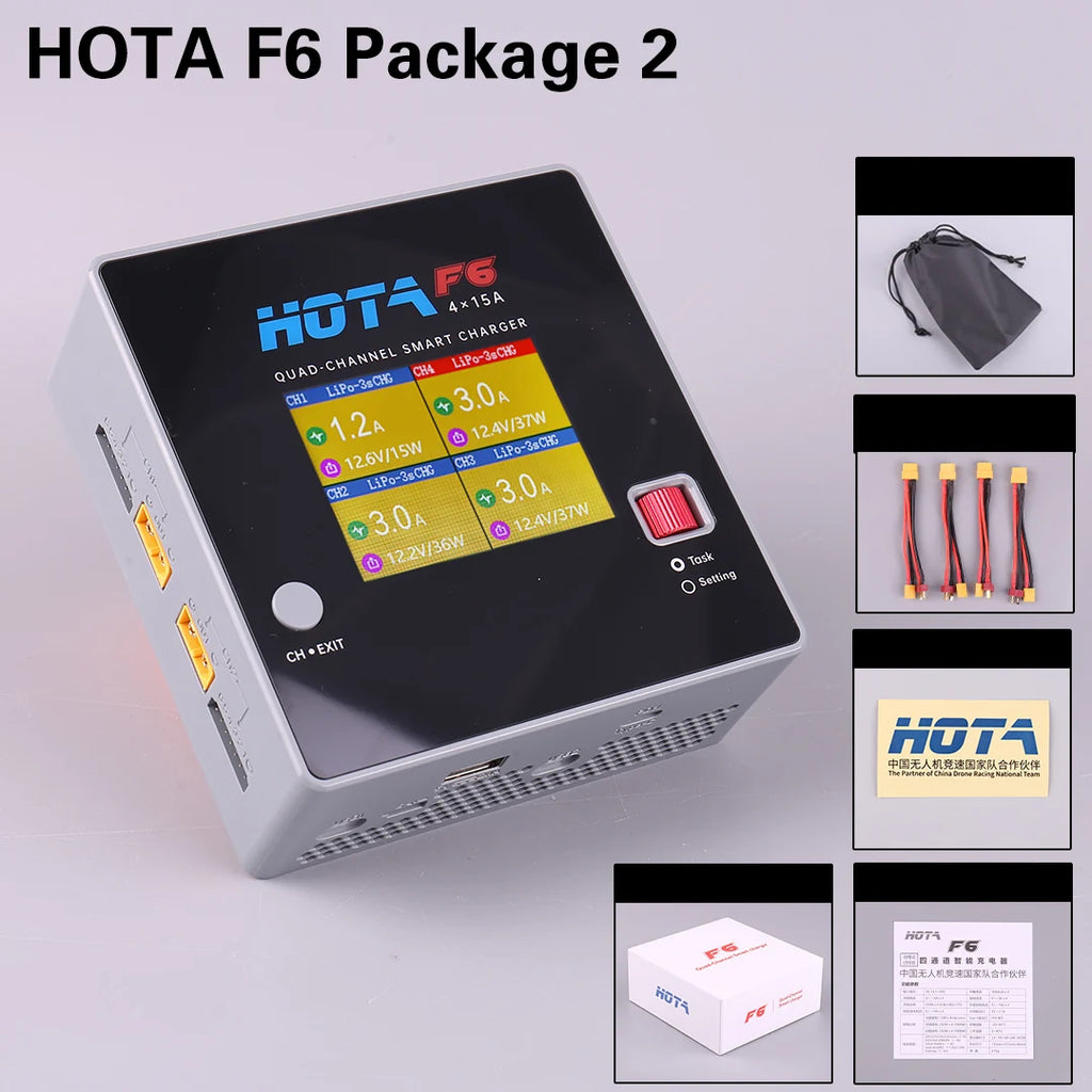 HOTA F6 QUAD-CHANNEL SMART Charger DC1000W 4*15A for Lipo LiIon NiMH Lipo Battery Balance Charger Discharger with USB 45W Type-C