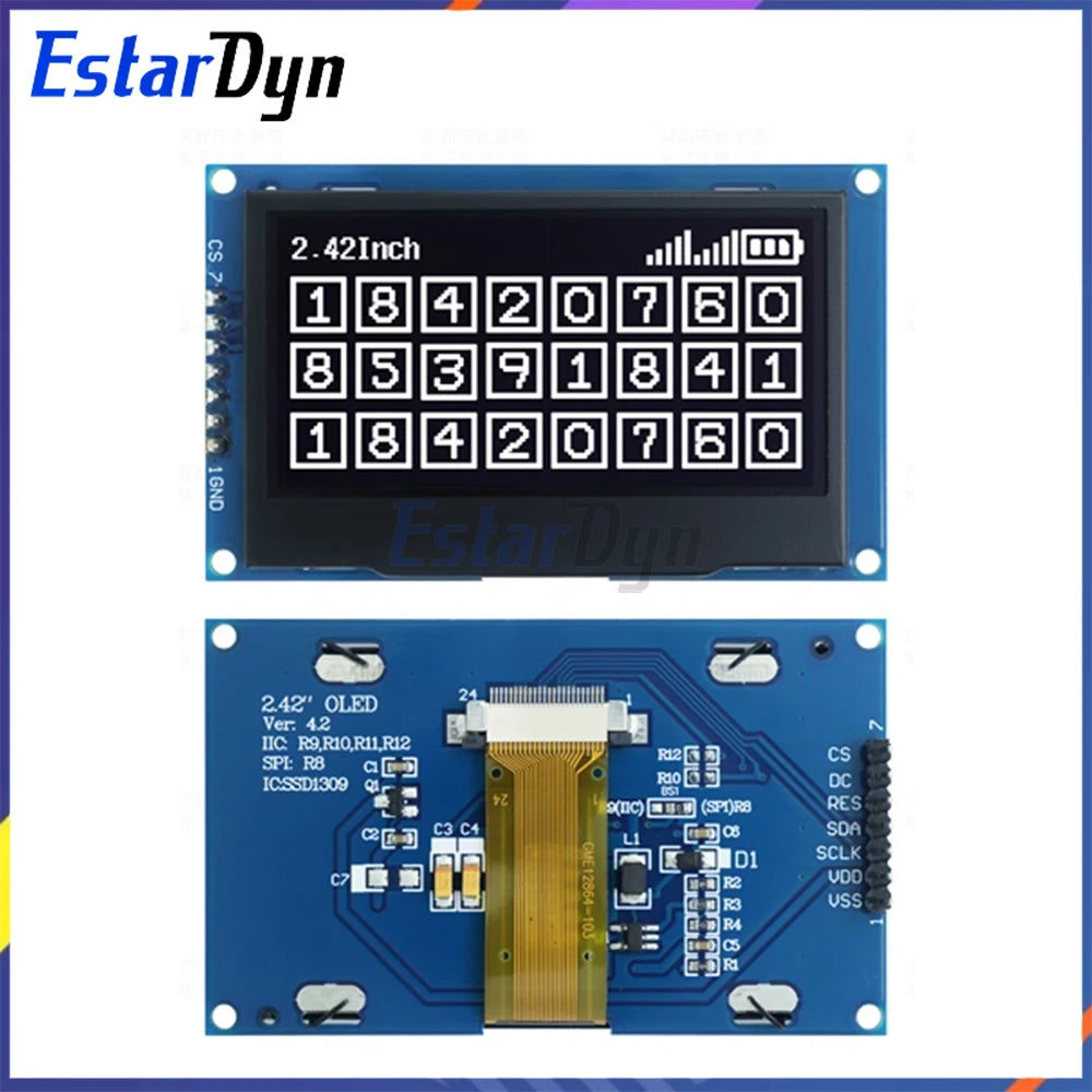SSD1309 2.42 inch OLED Display 128x64 HD SPI/I2C Interface 7Pin for UNO R3, 3.3V/5V