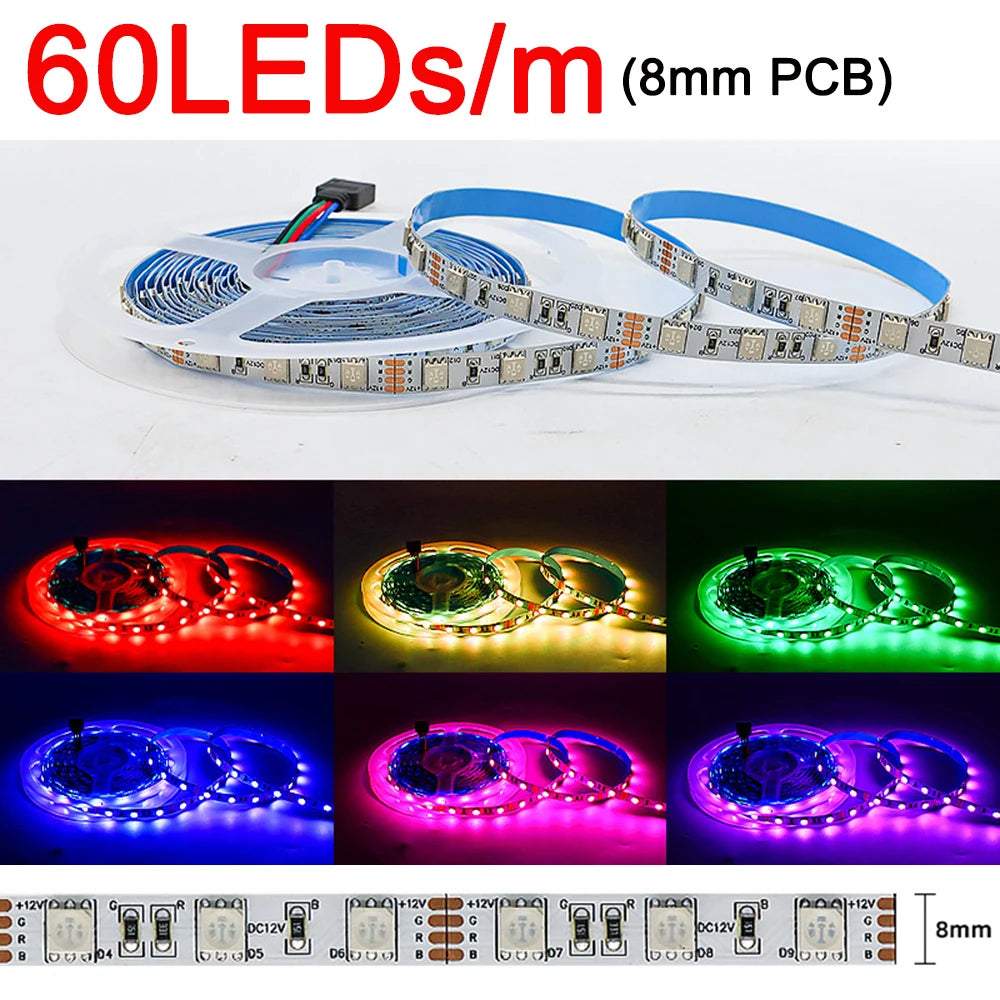 5m 12V 24V DC RGB LED Strip 30LEDs/m 60LEDs/m 96LEDs/m 120LEDs/m SMD 5050 Flexible LED Light Tape 8mm 10mm PCB for Decoration