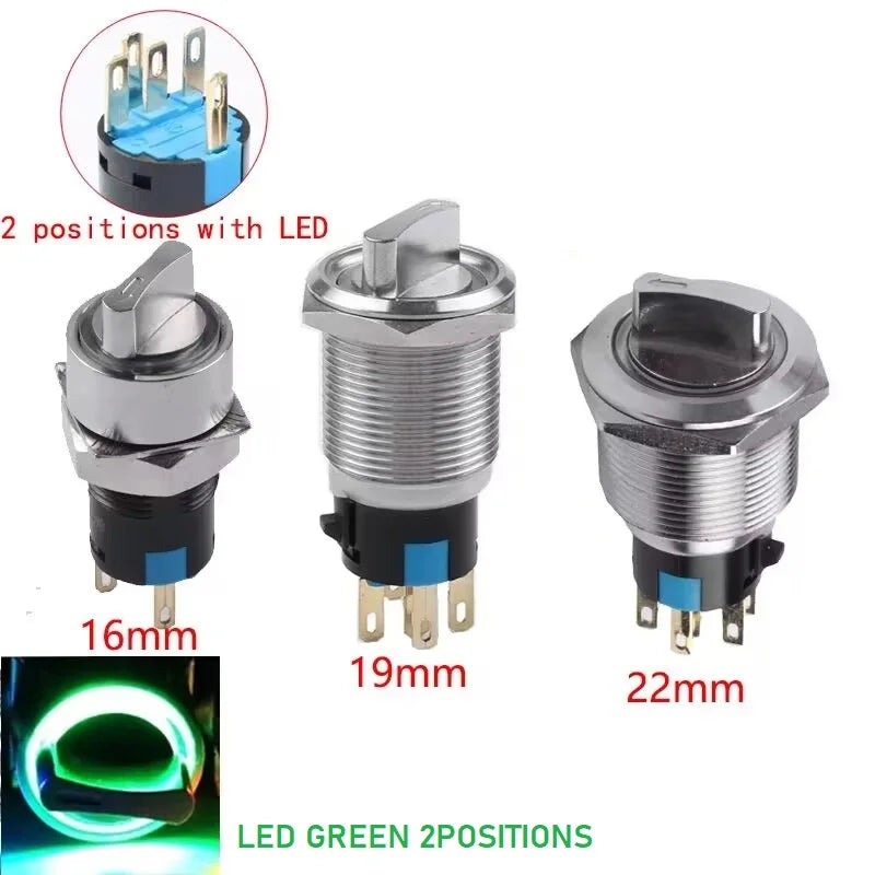 16/19/22mm, Metal Rotary Switch, Selected Toggle Switch With LED 12-24V, 2 Positions / 3 Position Waterproof
