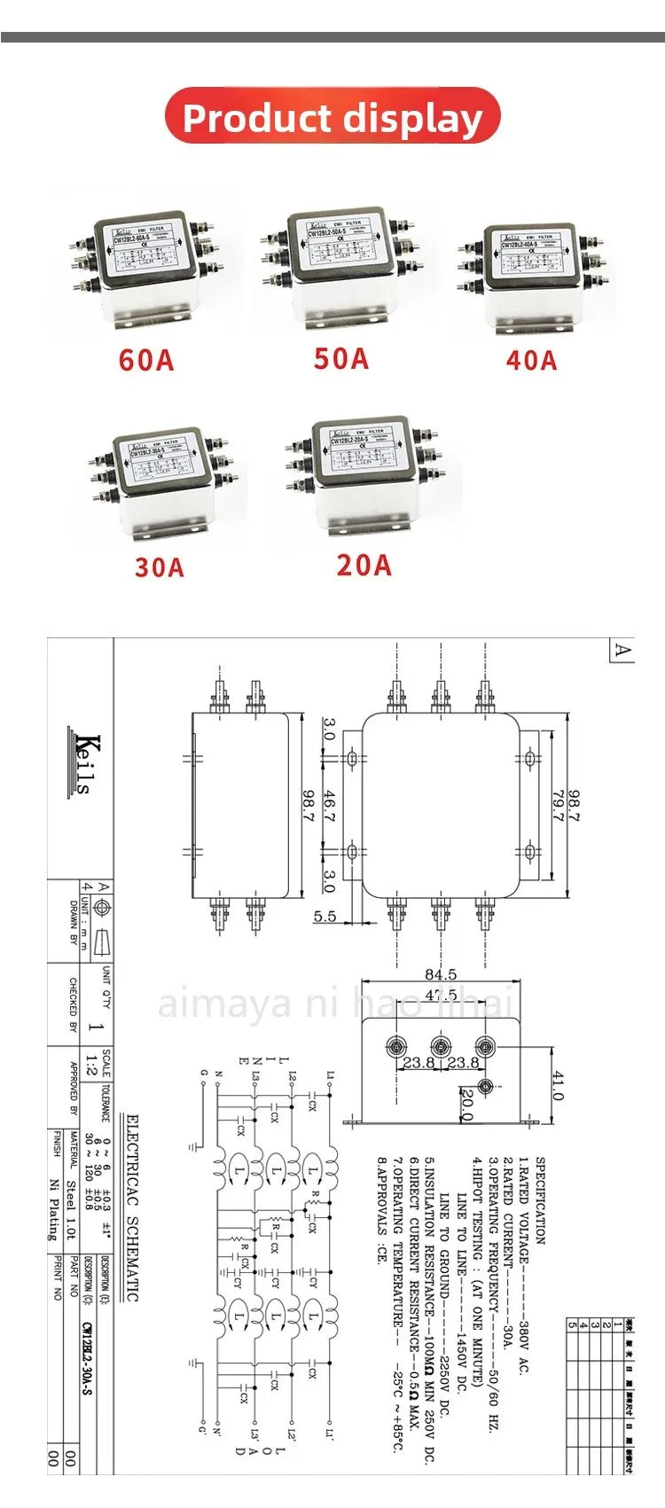 3 Phase AC DC EMI Filter Anti-interference Power Line Filter 380V for Linear Audio Amplifier Purification Socket