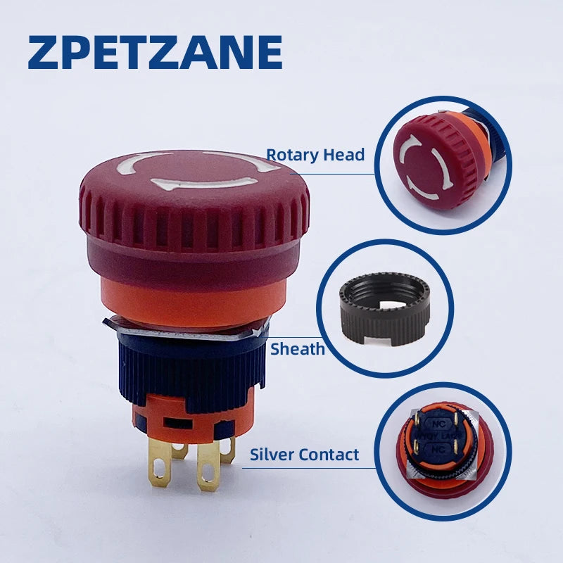 16mm Mounting Emergency Stop Rotary Button Switch 2NC Two Normally Closed Mini Four Foot Mushroom Stop