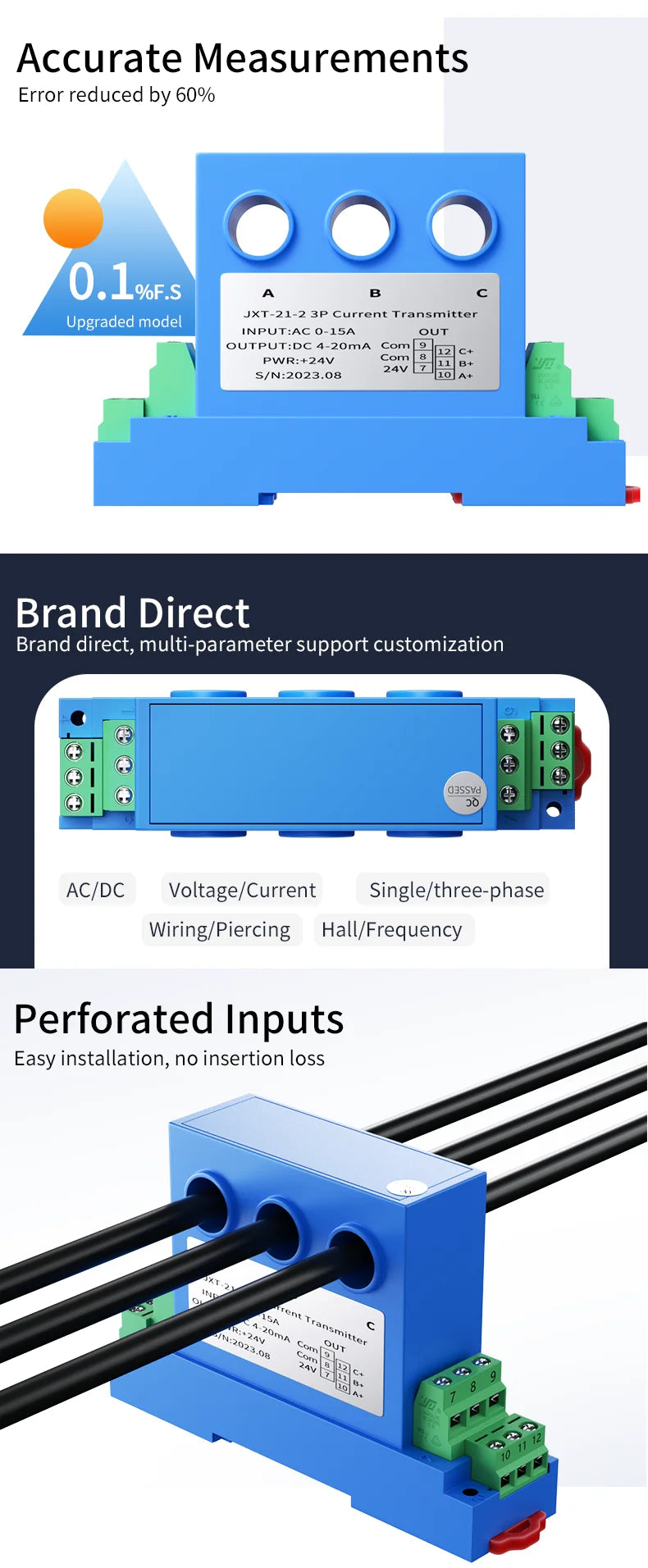 3 Phase AC Current Sensor 4-20mA 0-10V RS485 AC Current Transducer 0-10A 0-25A 0-35A AC Current Sensor Transmitter