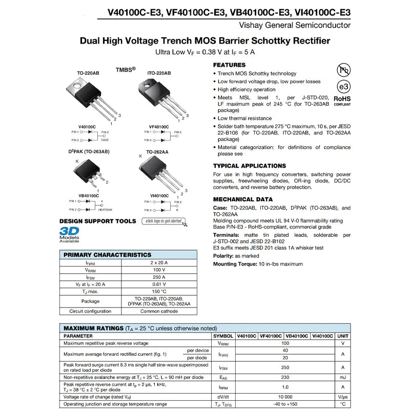 2PCS VB40100C-E3/8W code VB40100C TO-263 dual high voltage trench MOS barrier Schottky rectifier diode