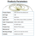 AC220V COB LED Strip Light IP67 Waterproof Flexible Ribbon 2Pin Wire/EU Plug Tape Lamp 3000K/4000K/6000K Outdoor Linear Lighting